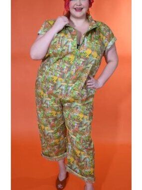 Blue Platypus Mushrooms Jumpsuit Olive & Pumpkin Print XS